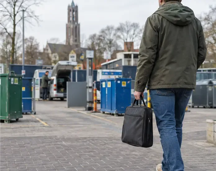 Een persoon loopt met een gesloten laptop in een tas naar een gemeentelijk afvalscheidingsstation met gescheiden containers