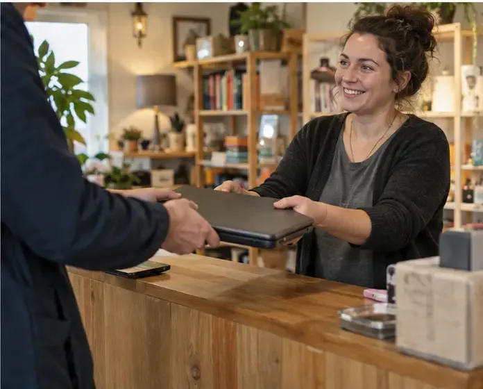 Een nog bruikbare laptop wordt over de toonbank aan een medewerker van een kringloopwinkel gegeven