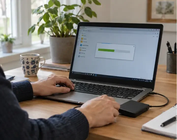 Een laptop op een bureau toont een voortgangsbalk terwijl bestanden worden veiliggesteld en persoonlijke gegevens worden verwijderd