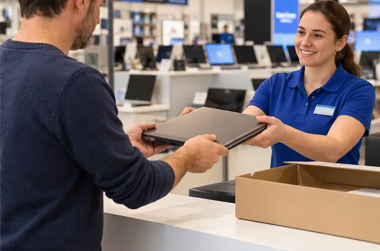 Een klant overhandigt een gesloten oude laptop aan een medewerker bij de balie van een elektronicawinkel.