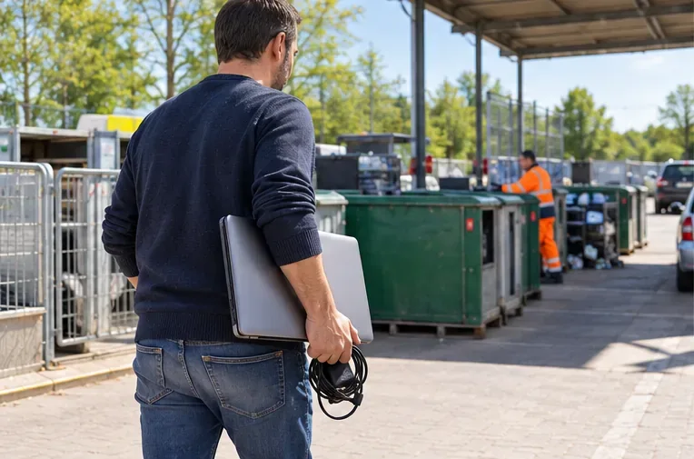 Een man loopt met een oude laptop en laadkabel naar een terrein met containers van een afvalbrengstation.