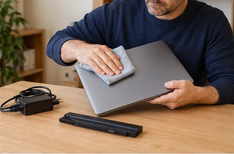 Een gebruiker maakt een gesloten laptop schoon; de oplader en een los onderdeel liggen ernaast op tafel.