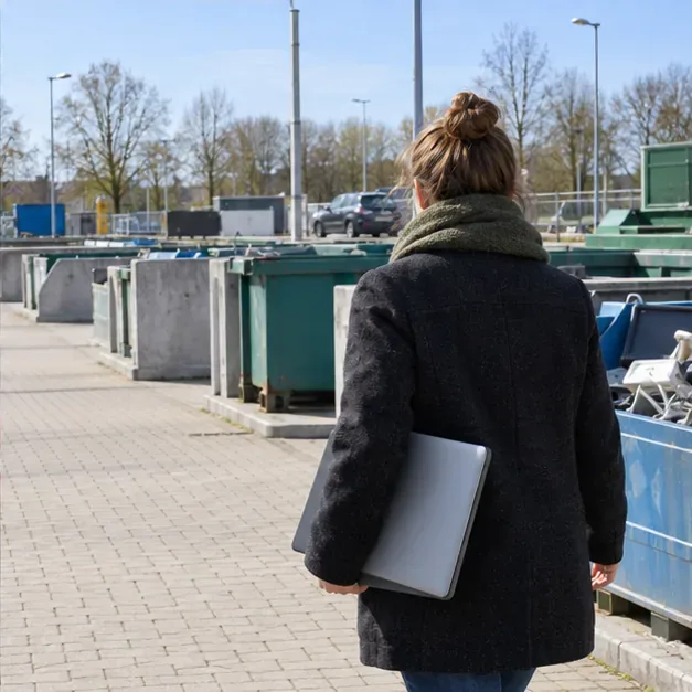 Een bezoeker loopt met een gesloten laptop over een terrein met afvalcontainers