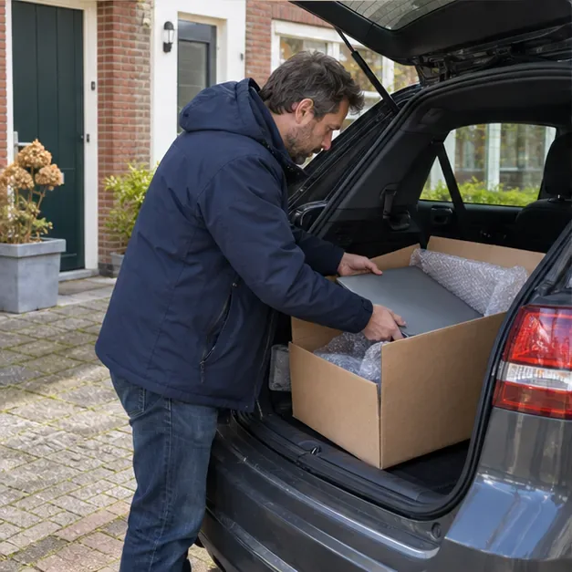 Een man plaatst een gesloten laptop voorzichtig in een kartonnen doos in de kofferbak