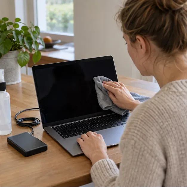 Een vrouw veegt met een zachte doek het scherm van een laptop schoon aan een bureau