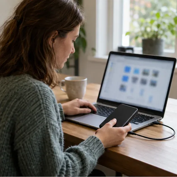Een gebruiker controleert bestanden op een laptop naast een externe opslagdrive.