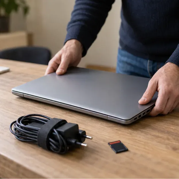 Handen leggen een gesloten laptop, oplader en geheugenkaart apart op een tafel.