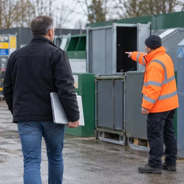 Een inwoner houdt een laptop vast terwijl een medewerker bij inzamelcontainers de weg wijst.