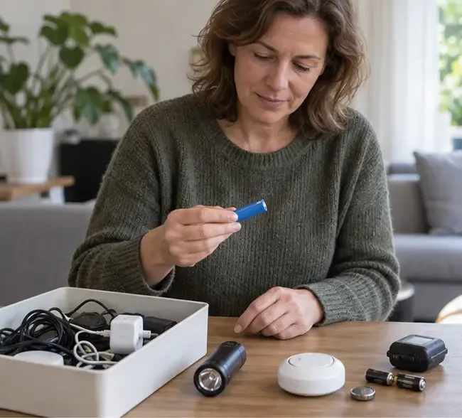 Een vrouw bekijkt een losse oplaadbare batterij aan een tafel met verschillende elektronische apparaten