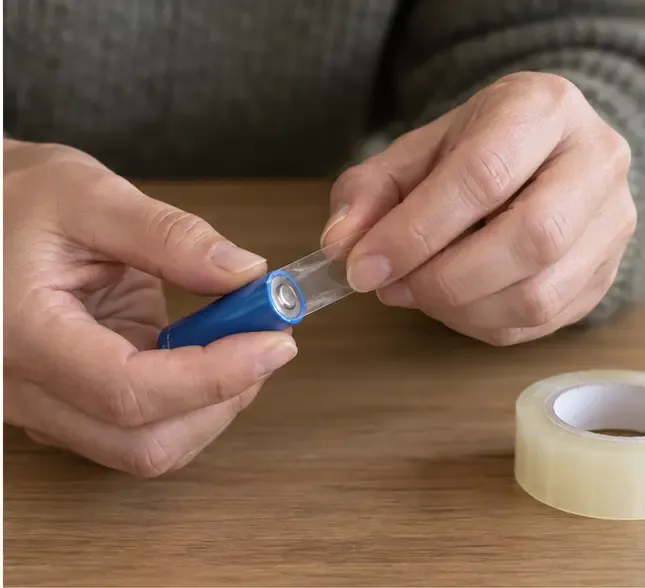 Close-up van handen die transparante tape over de aansluiting van een kleine batterij aanbrengen