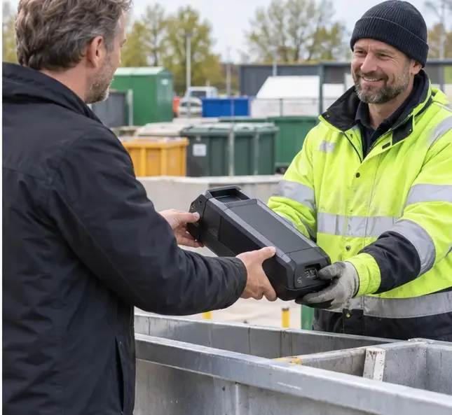 Een medewerker in veiligheidskleding neemt een grotere accu aan bij een schoon gemeentelijk afvalbrengstation