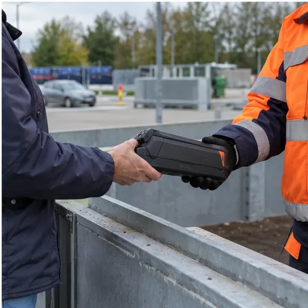Een inwoner geeft een grotere zwarte accu aan een medewerker in veiligheidskleding bij een milieustraat