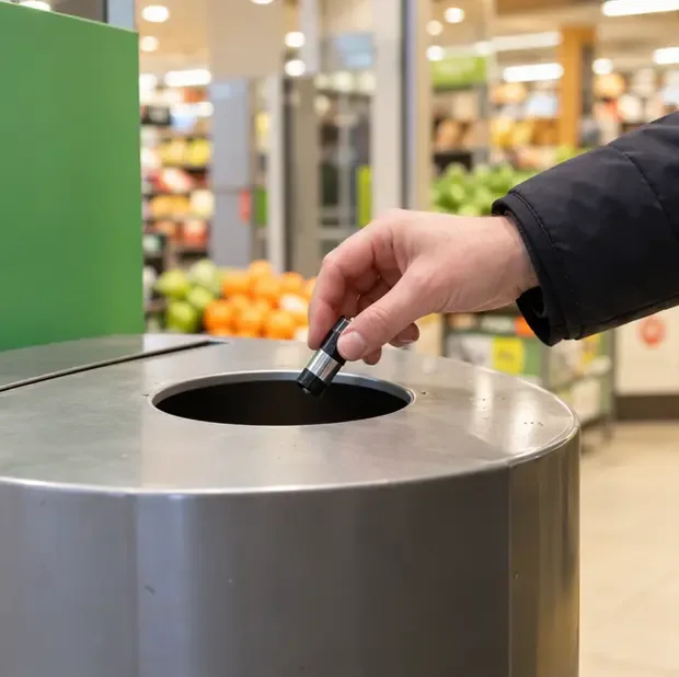 Een hand laat een kleine batterij zakken in een metalen inzamelopening in een winkel