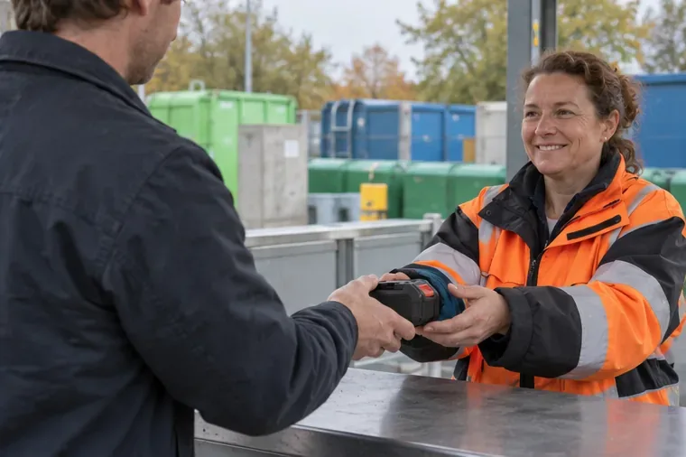 Een medewerker van een milieustation neemt een losse accu aan van een inwoner