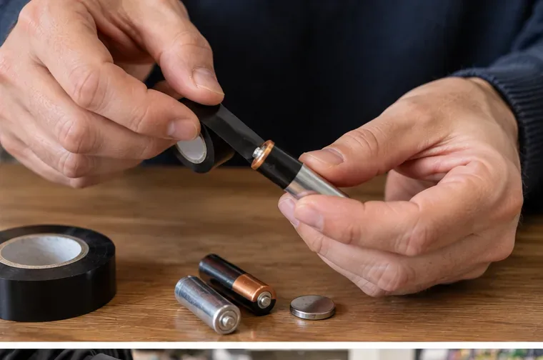 Iemand dekt het uiteinde van een losse batterij af met zwarte isolerende tape op een houten tafel.