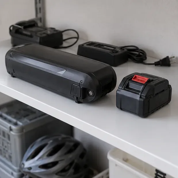 Een uitneembare e-bike-accu en een accu van draadloos gereedschap liggen afzonderlijk op een plank met laders op de achtergrond