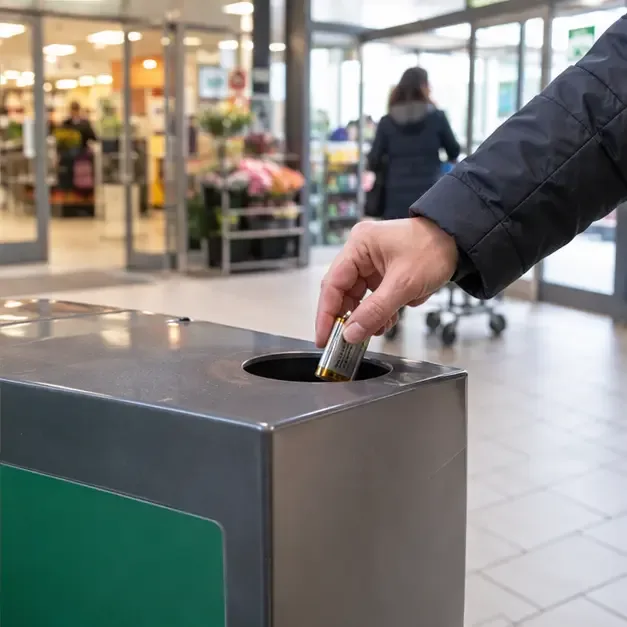 Een consument levert een kleine batterij in bij een inzamelbox bij een winkel