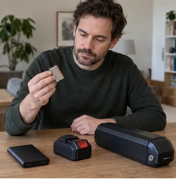 Een man bekijkt een losse lithiumbatterij aan een tafel met een powerbank, gereedschapsaccu en grotere accu