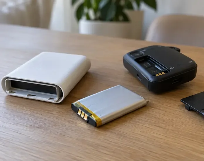 Een losse lithium-ionbatterij naast een powerbank en een compact elektronisch apparaat op een houten tafel.