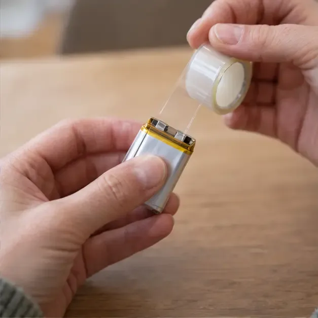 Een batterijpool wordt met transparante tape afgeplakt om kortsluiting te beperken
