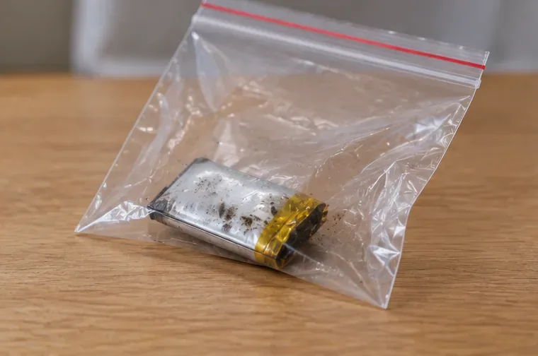 Een beschadigde platte batterij ligt afzonderlijk in een doorzichtig hersluitbaar plastic zakje op een tafel.