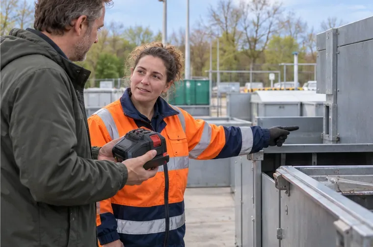 Een medewerker van een gemeentelijk afvalscheidingsstation wijst een inwoner de juiste plek voor een accupakket