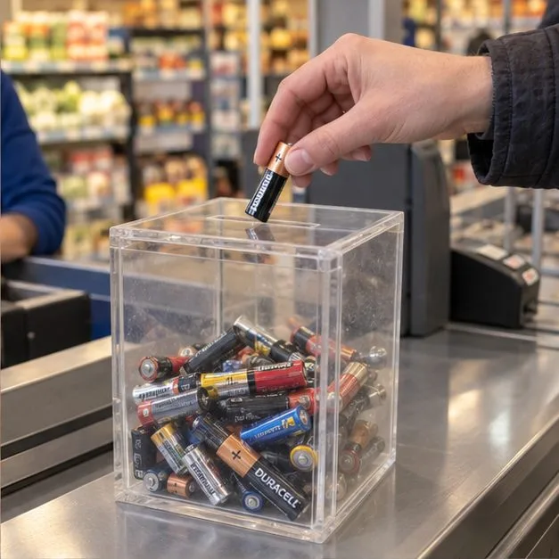 Een hand laat een batterij in een transparante inzamelbox met andere losse batterijen zakken
