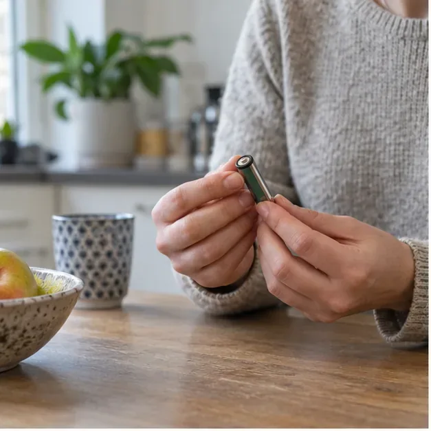 Een persoon controleert een losse cilindervormige batterij op een houten tafel voordat deze wordt ingeleverd