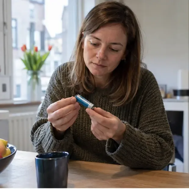 Een inwoner bekijkt een losse cilindrische lithiumbatterij aan een keukentafel om type en toestand te controleren.