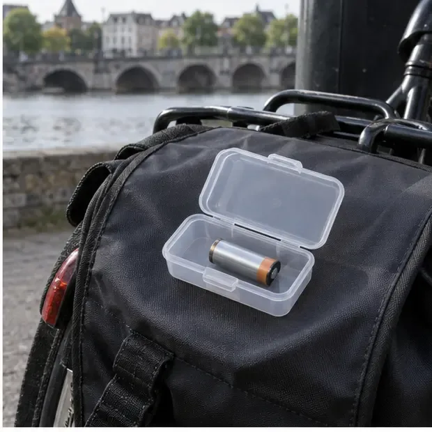 Een intacte batterij ligt alleen in een klein transparant doosje op een fietstas, gescheiden van losse metalen voorwerpen.