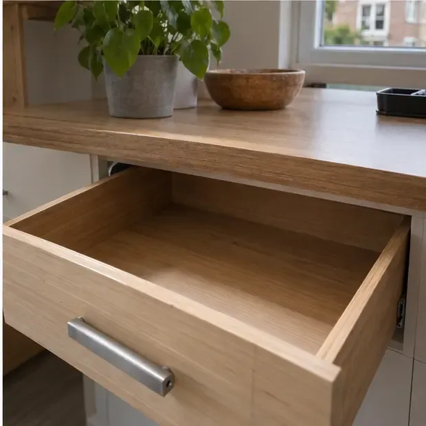 Een lege houten lade en opgeruimde werkplek zonder losse batterijen, als visuele eindcontrole na het scheiden van afval.