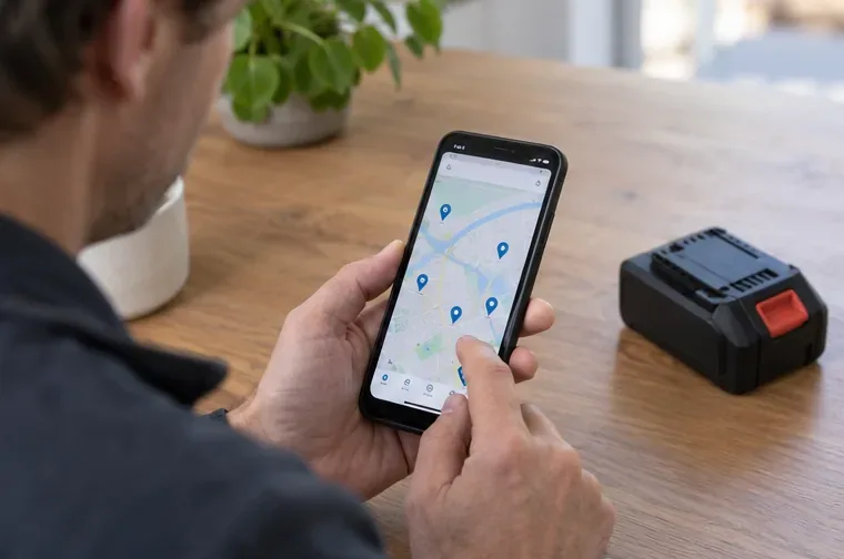 Een inwoner kijkt op een smartphone naar een kaart met inzamelpunten, met een losse accu naast de telefoon