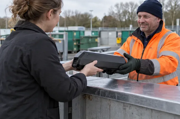 Een bezoekster geeft een groot zwart accupakket aan een medewerker bij een gemeentelijk afvalbrengstation.
