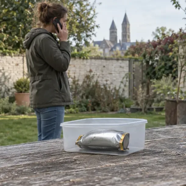 Een zichtbaar opgezwollen batterij ligt afzonderlijk in een transparante bak op een buitentafel terwijl iemand op afstand telefoneert.