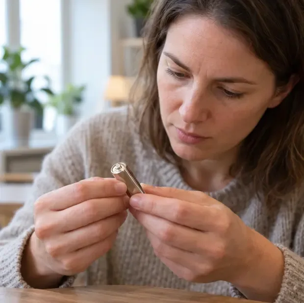 Een vrouw bekijkt thuis een kleine cilindervormige batterij op mogelijke schade