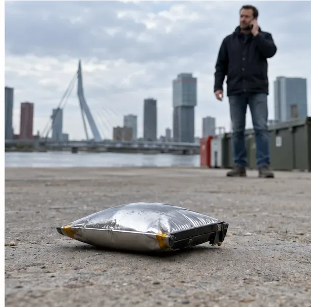 Een zichtbaar vervormde lithiumbatterij ligt onaangeraakt op afstand terwijl een persoon telefonisch hulp inschakelt