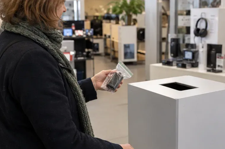 Een inwoner houdt een afzonderlijk verpakte batterij boven de opening van een inzamelbak in een winkel.
