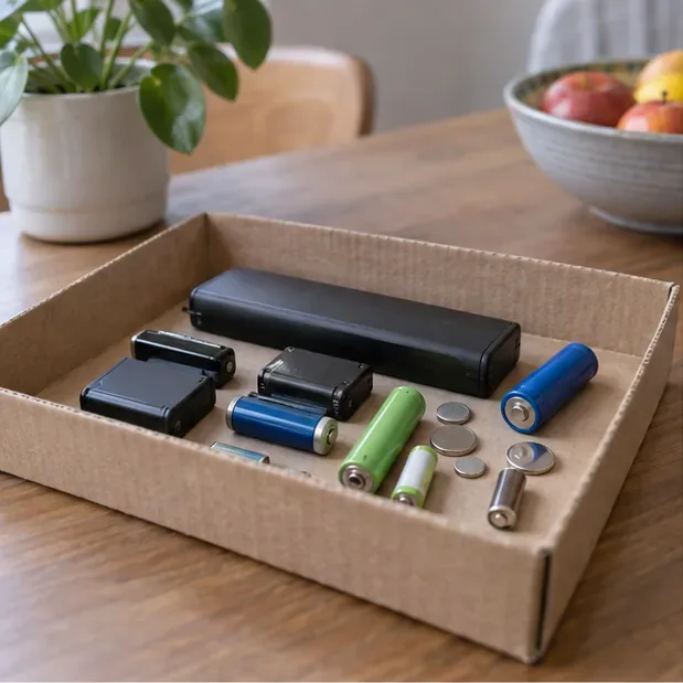 Verschillende losse oplaadbare batterijen en accucellen liggen gescheiden in een kartonnen bak op een droge tafel