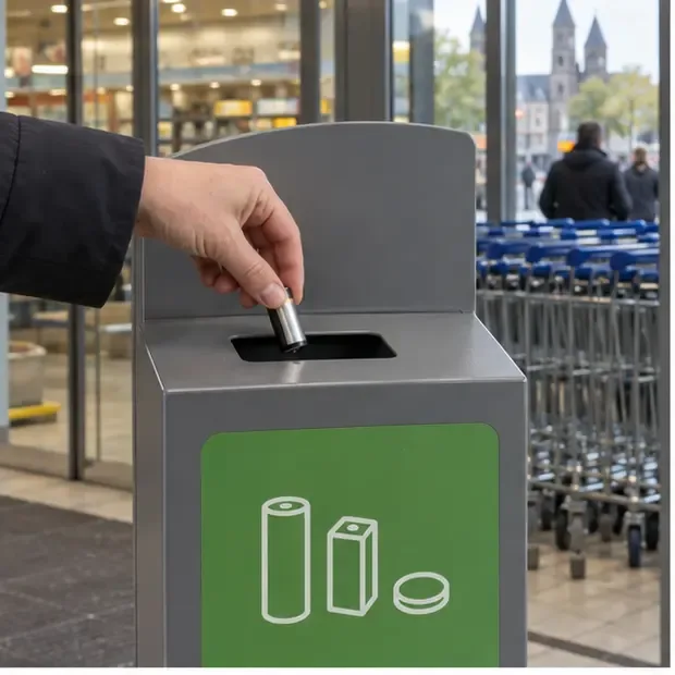 Een hand brengt een intacte cilindrische batterij naar een generieke inzamelbak bij de ingang van een winkel; op de bak staan alleen eenvoudige batterijpictogrammen.