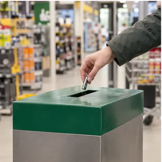 Een hand houdt een kleine batterij boven de opening van een groene inzamelbak in een winkel