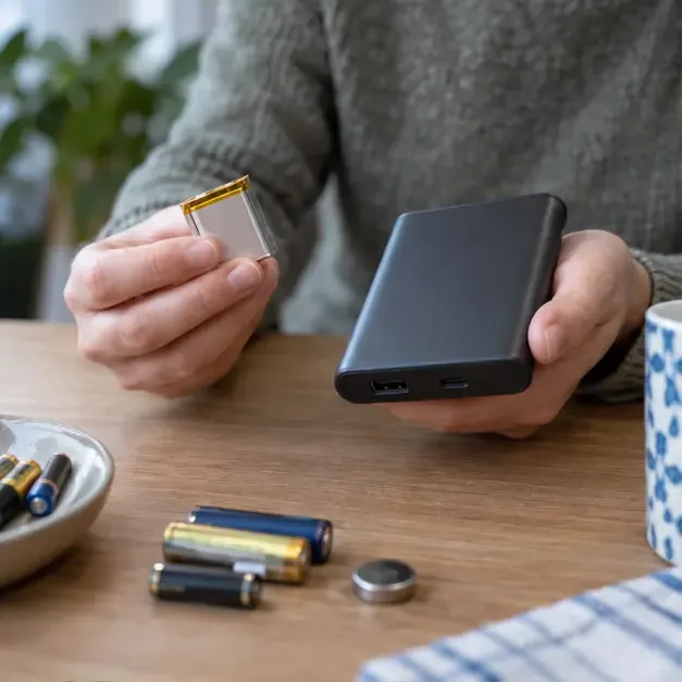Een lithiumbatterij en powerbank worden thuis apart bekeken voordat ze worden ingeleverd