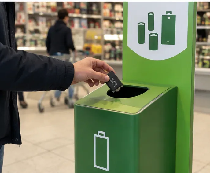 Een kleine lithiumbatterij wordt in een groene inzamelbak voor batterijen bij een winkel gedaan