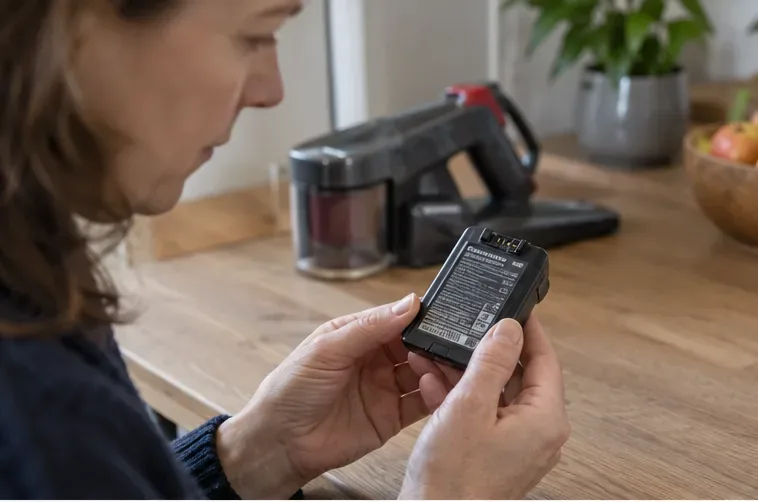 Een inwoner bekijkt het etiket op een losse lithium-ionaccu aan een tafel.