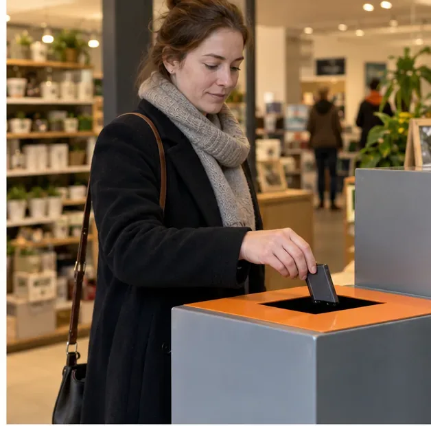 Een vrouw plaatst een onbeschadigde kleine batterij in een algemene inzamelbak bij een winkel