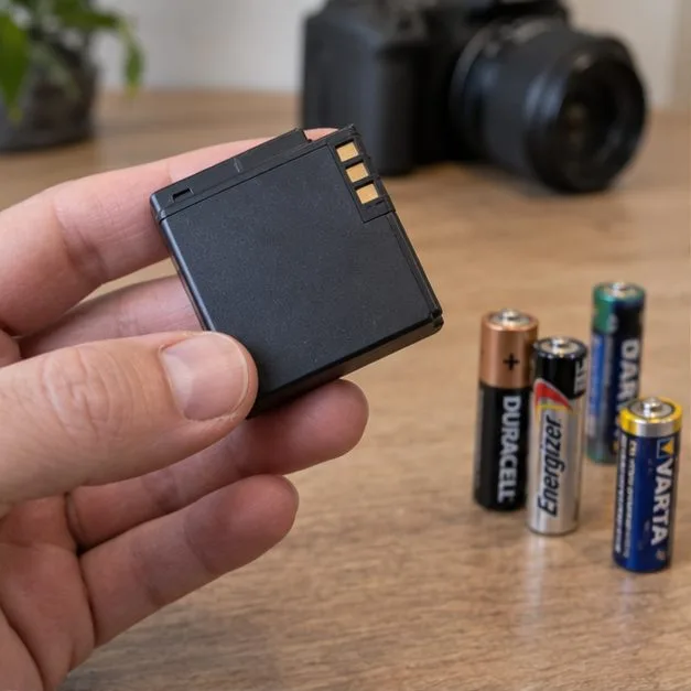 Een hand houdt een losse lithium-ioncamerabatterij vast naast gewone batterijen op tafel