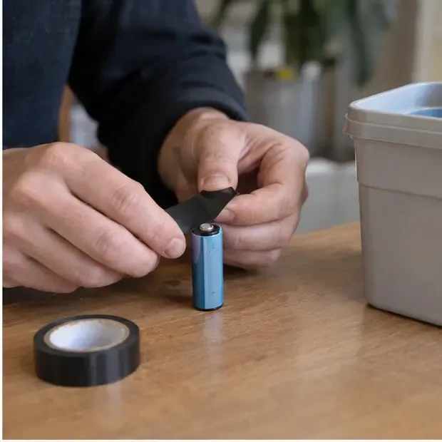 Close-up van handen die een stuk isolerende tape over het contact van een intacte cilindrische batterij plaatsen.