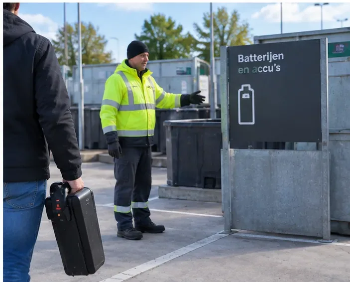 Een bezoeker komt met een accu aan bij een milieustraat waar een medewerker naar het vak voor batterijen en accu’s wijst
