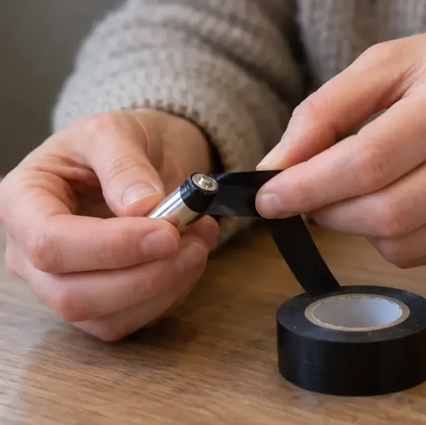 Handen brengen een strook isolatietape aan bij de contactpunten van een kleine batterij