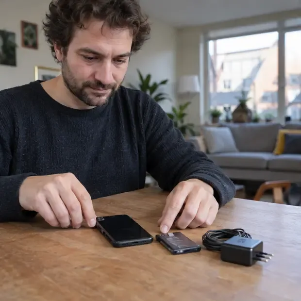 Een inwoner legt een telefoon, een losse accu en een oplader afzonderlijk op tafel zonder de telefoon open te maken.