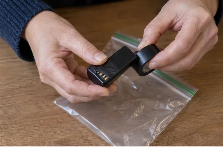Handen brengen isolatietape aan over de blootliggende contacten van een intacte accu, naast een transparant zakje.